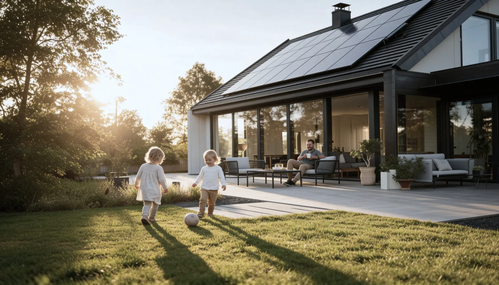 Familie med børn i have med solceller - EcoRay grøn energi